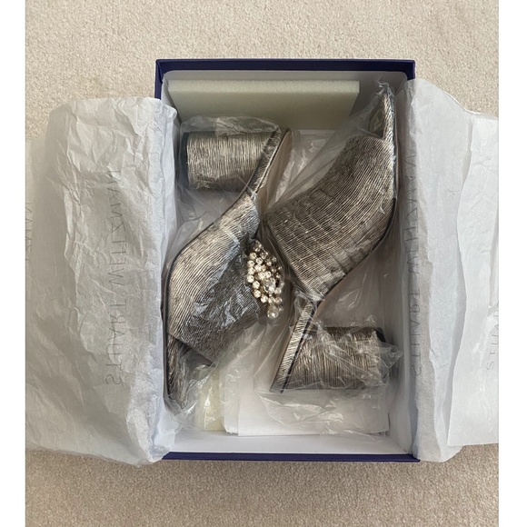 STUART WEITZMAN PLEATED RHINESTONE METALLIC SANDALS - Picture 4 of 11